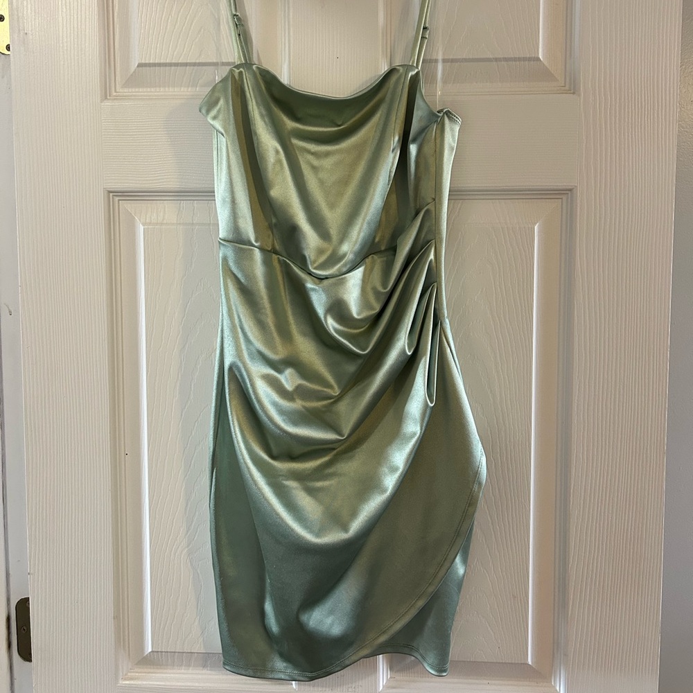 Honey and Rosie Satin Mini Dress in Light Green